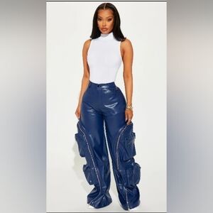 Blue Faux Leather Cargo Pants